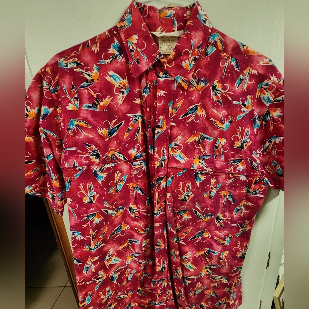 Vintage 1980's Hawaiian Shirt with Fly Fishing Theme by Columbia Sportswear Co.